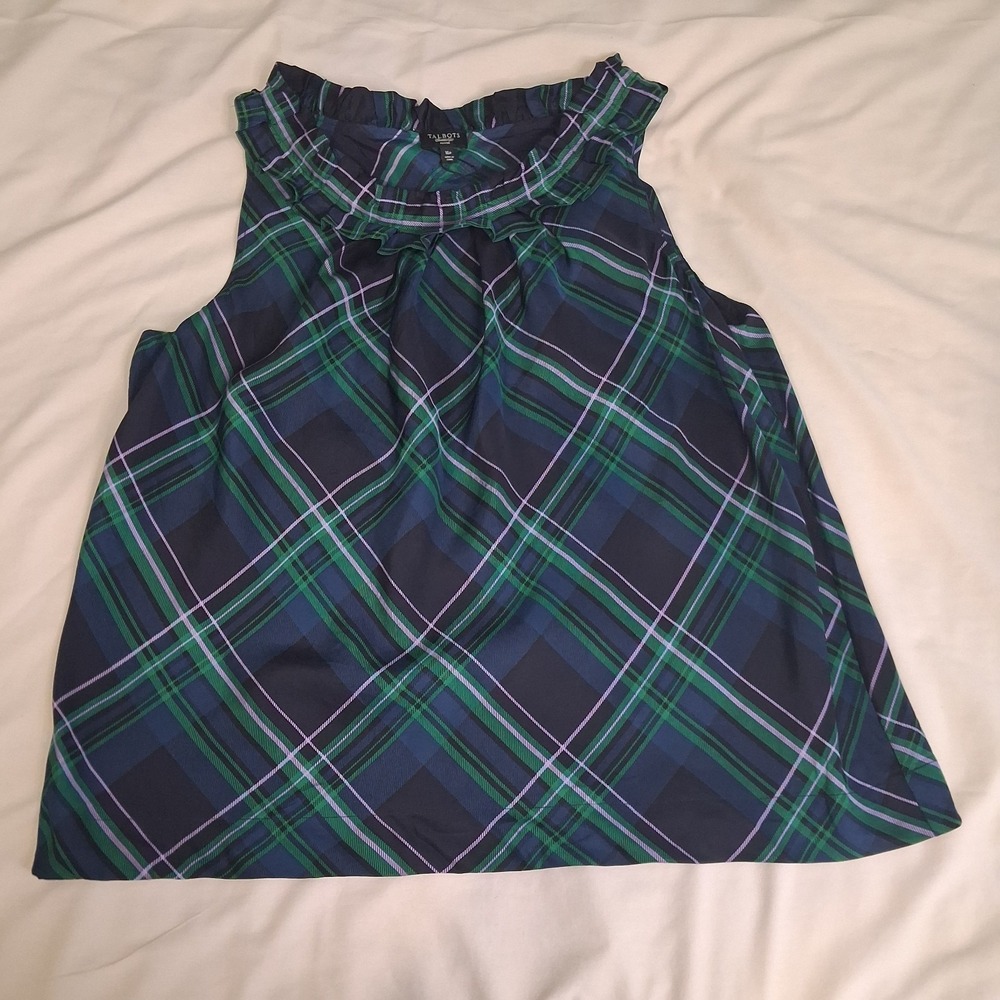 Talbots Womens Top  16P Silk Plaid Sleeveless Navy Preppy Ruffle Neck Academia